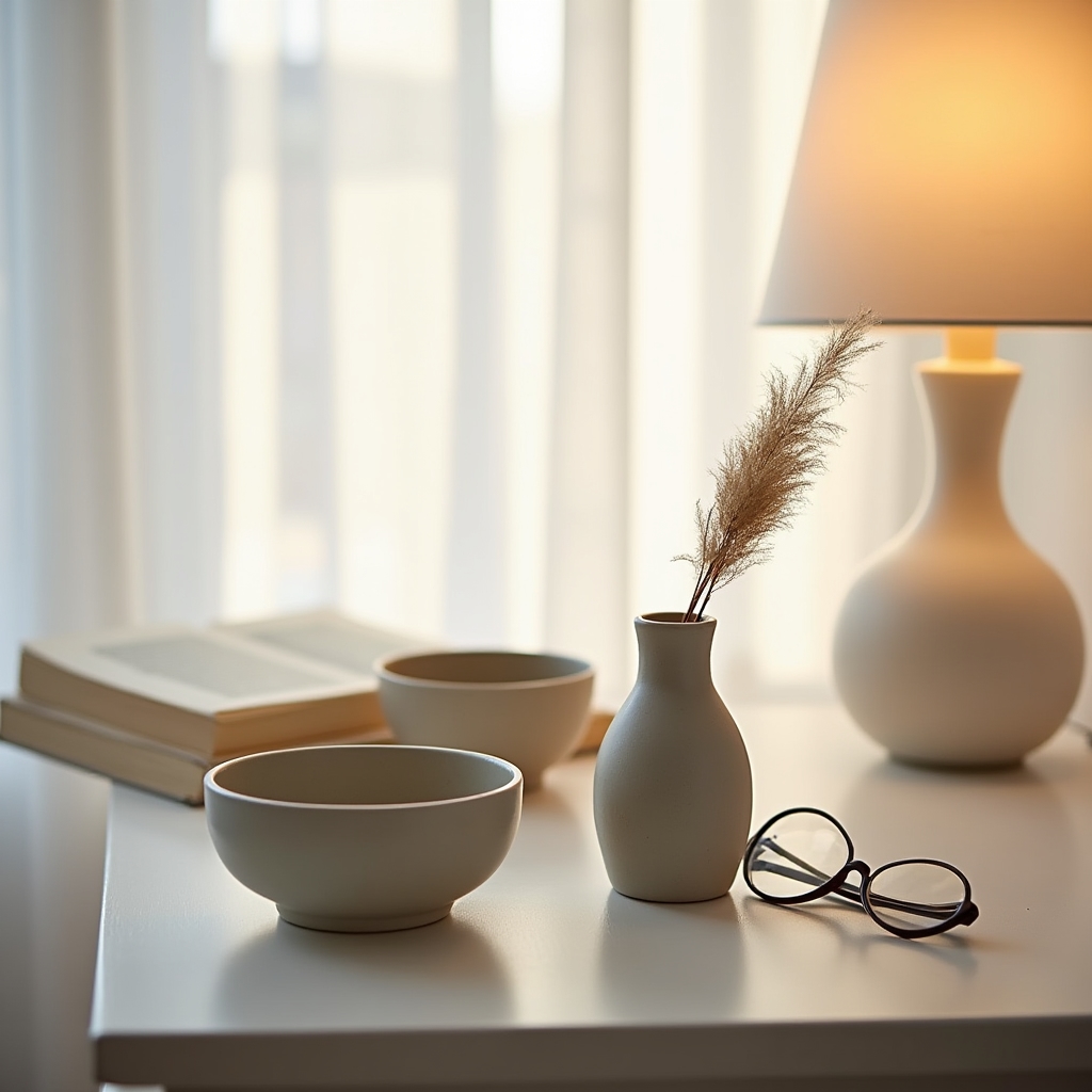 Keramik-Arrangement im Schlafzimmer mit kleinen Schalen und Bechern